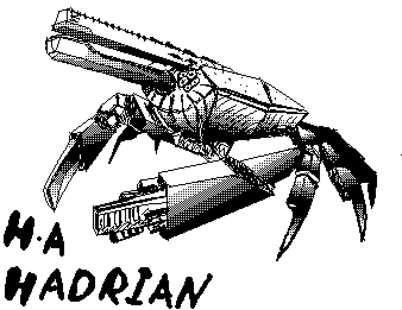 A pixel art image of a giant mech crab for the lancer ttrpg